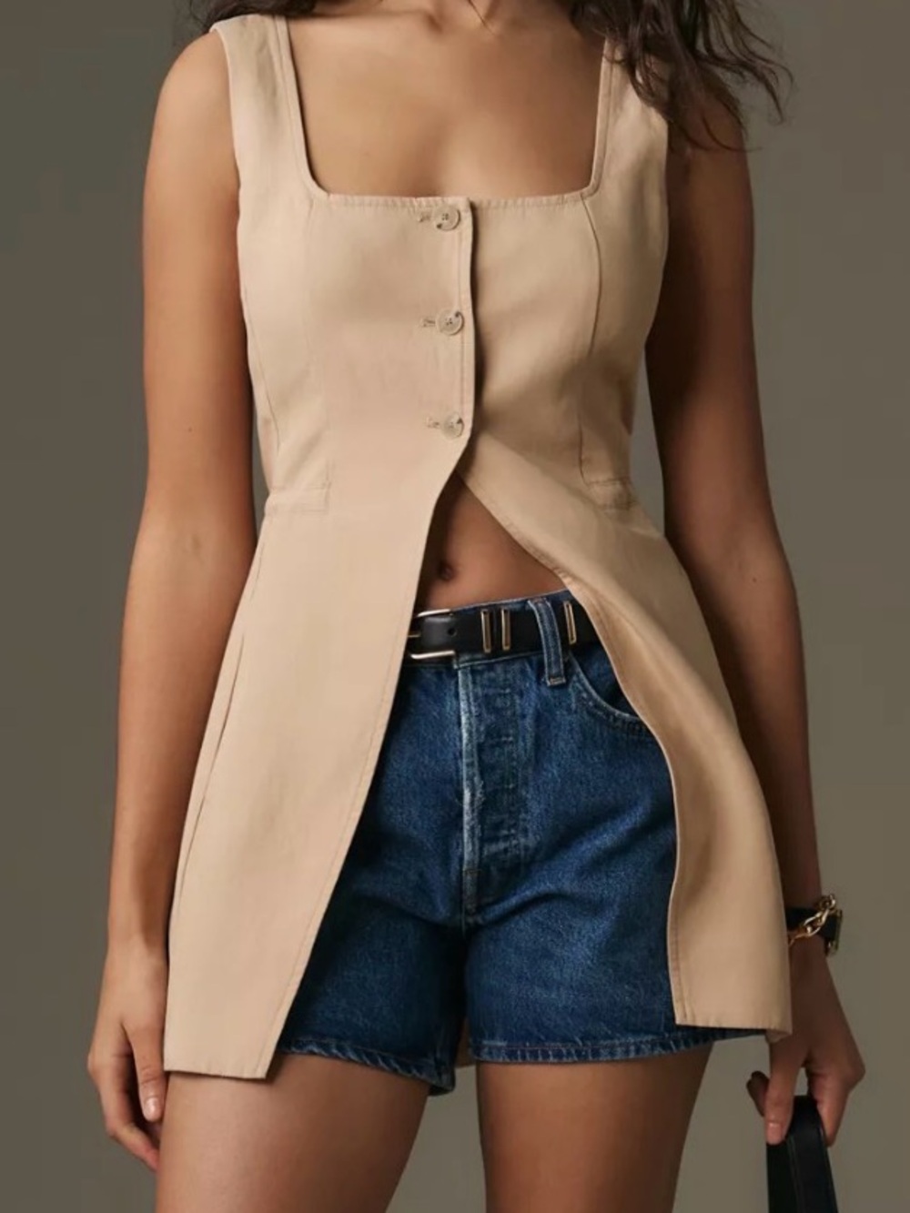 Anthropologie Tan Longline Linen Blend Square Neckline Cut Away Size 6 Vest